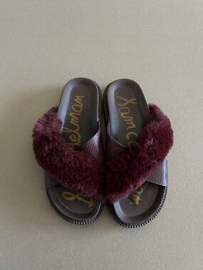 Sam Edelman Burgundy Faux Fur Crossover Slide Sandals